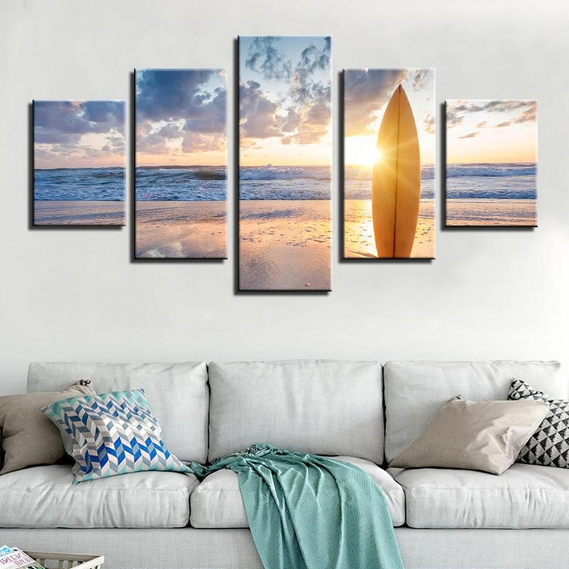 5-Piece Cloudy Beach Surfboard Sunset Canvas Wall Art
