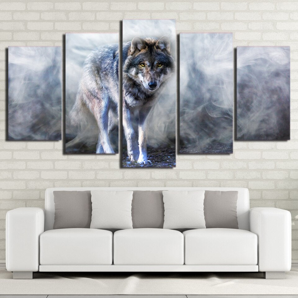 5-Piece Gray Smokey Forest Wolf Canvas Wall Art