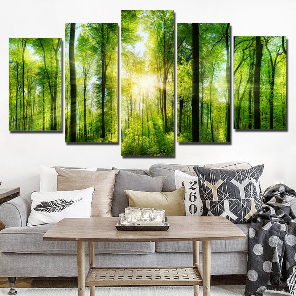 5-Piece Illuminated Green Forest Rays Canvas Wall Art