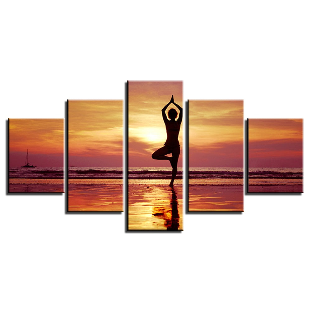 5-Piece Orange Coastal Yoga Sunset Canvas Wall Art
