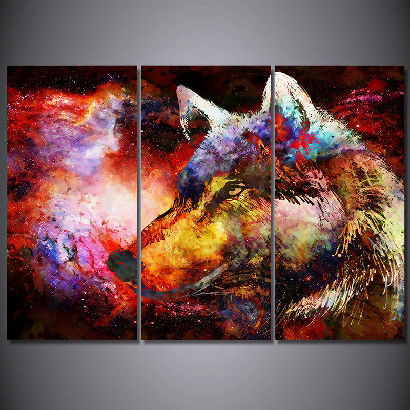 3-Piece Colorful Cosmic Space Wolf Canvas Wall Art