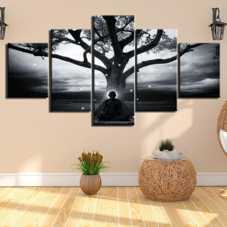 5-Piece Black & White Buddhist Meditation Tree Canvas Wall Art