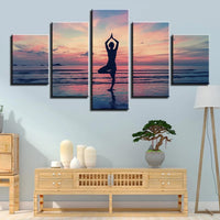 5-Piece Pink Coastal Yoga Sunset Canvas Wall Art