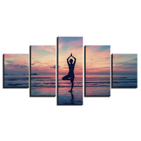 5-Piece Pink Coastal Yoga Sunset Canvas Wall Art