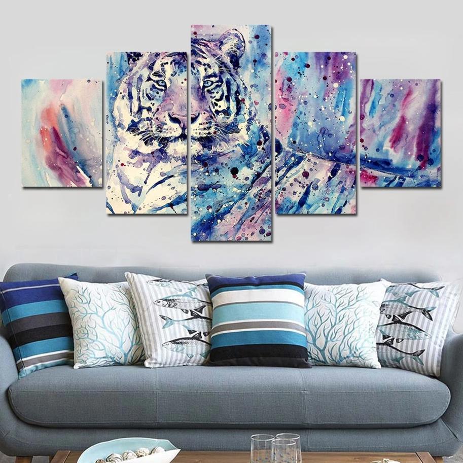 5-Piece Abstract Watercolor White Tiger Canvas Wall Art