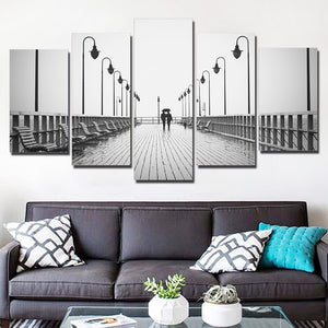5-Piece Black & White Rainy Pier Walk Canvas Wall Art