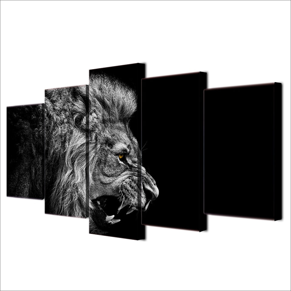 5-Piece Black & White Side Facing Lion Canvas Wall Art