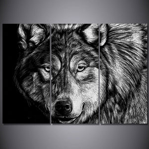 3-Piece Black & White Painted Wolf Portrait Canvas Wall Art