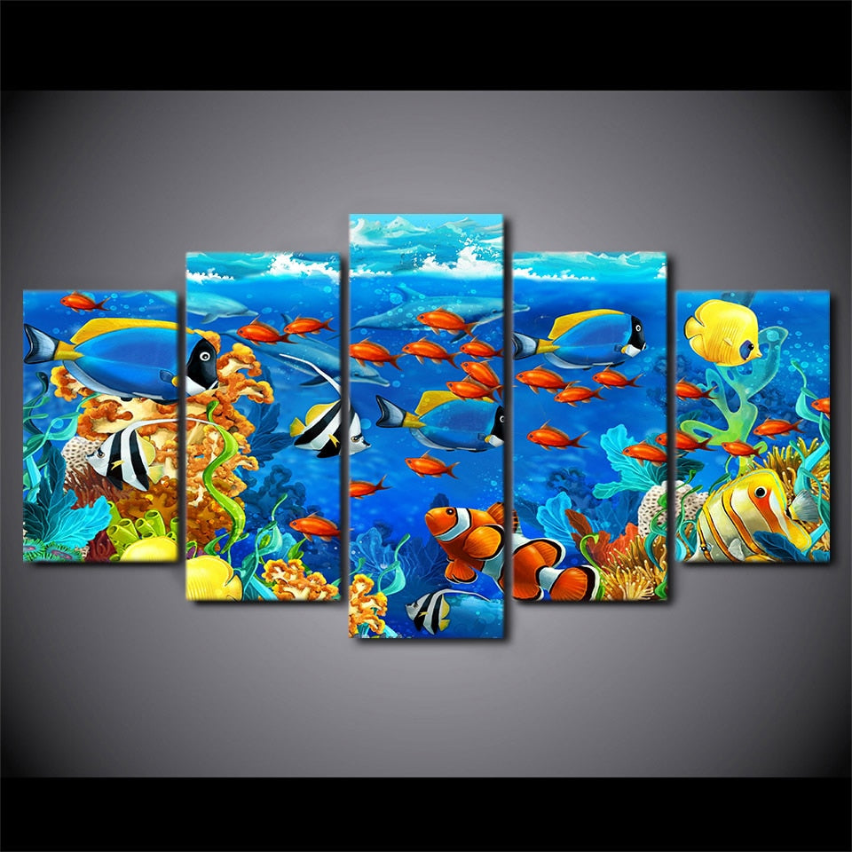 5-Piece Colorful Tropical Underwater Fish Canvas Wall Art