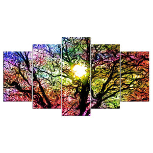 5-Piece Colorful Abstract Swirling Sun Tree Canvas Wall Art