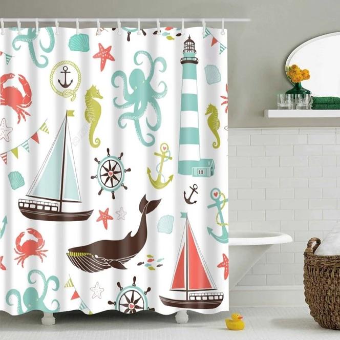 Kids Colorful Nautical Print Bathroom Shower Curtain