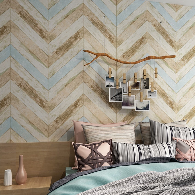 Distressed Natural Wood Chevron Pattern Wallpaper