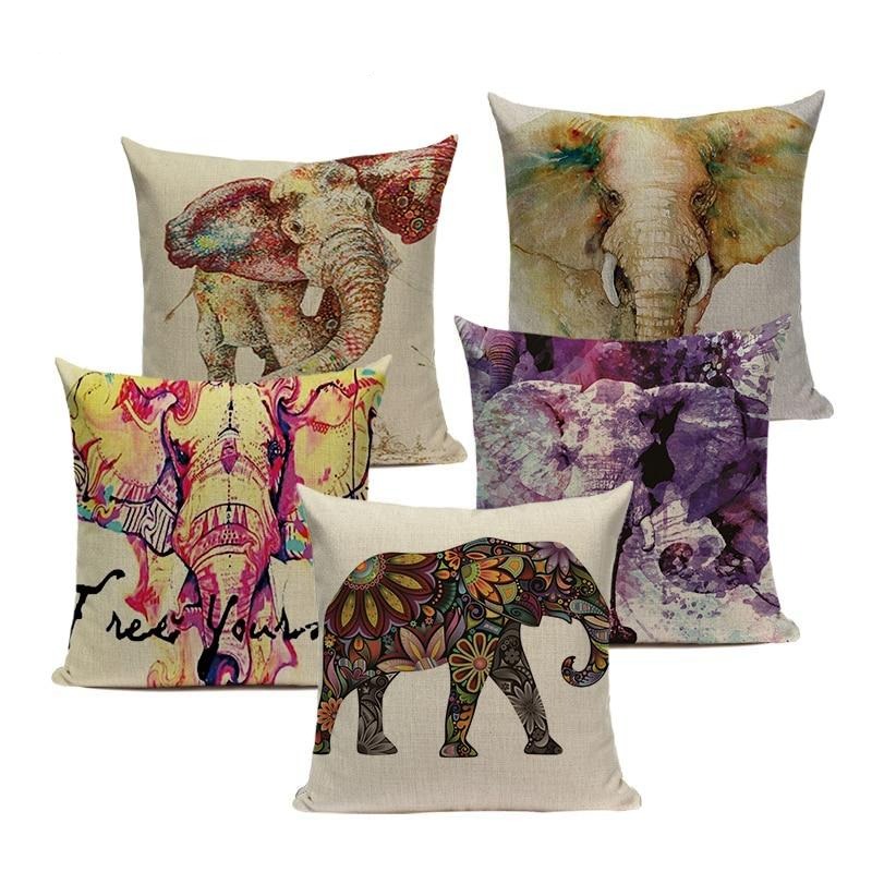 18" Colorful Watercolor Elephant Print Throw Pillow Cover