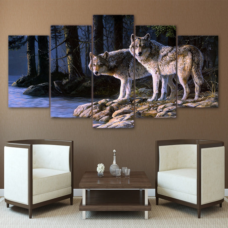 5-Piece Night Forest River Wolves Canvas Wall Art