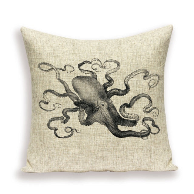 18" Vintage Nautical Octopus Print Throw Pillow Cover