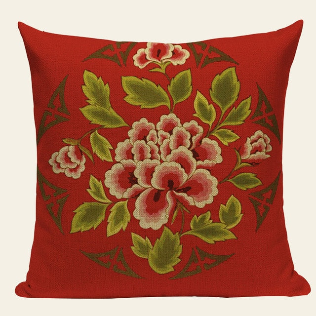 18" Vintage Asian Chinese Floral Print Throw Pillow Cover