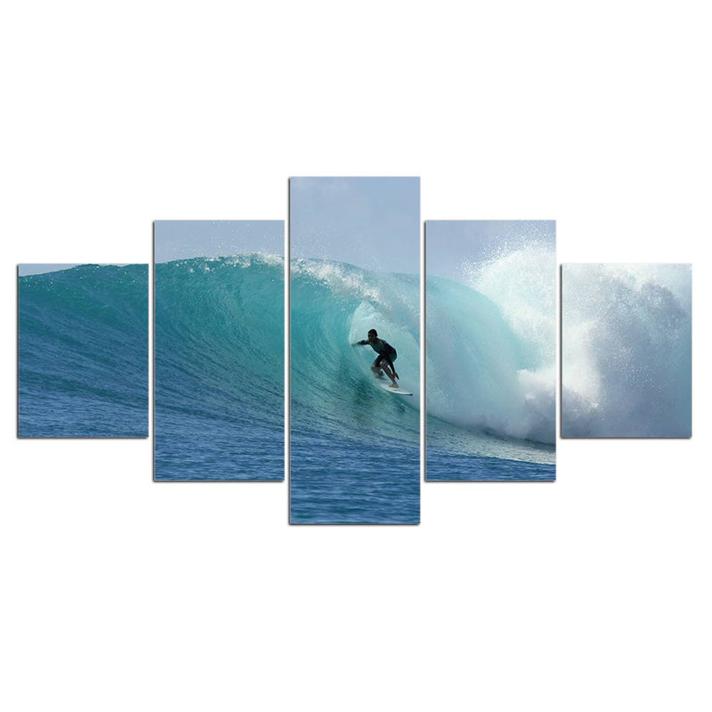 5-Piece Blue Ocean Big Wave Surfer Canvas Wall Art
