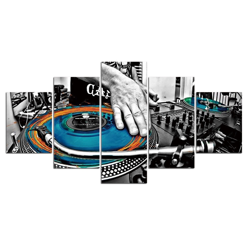 5-Piece Black & White DJ Turntable Blue Record Wall Art