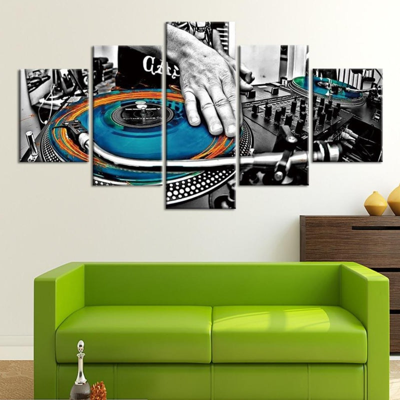 5-Piece Black & White DJ Turntable Blue Record Wall Art