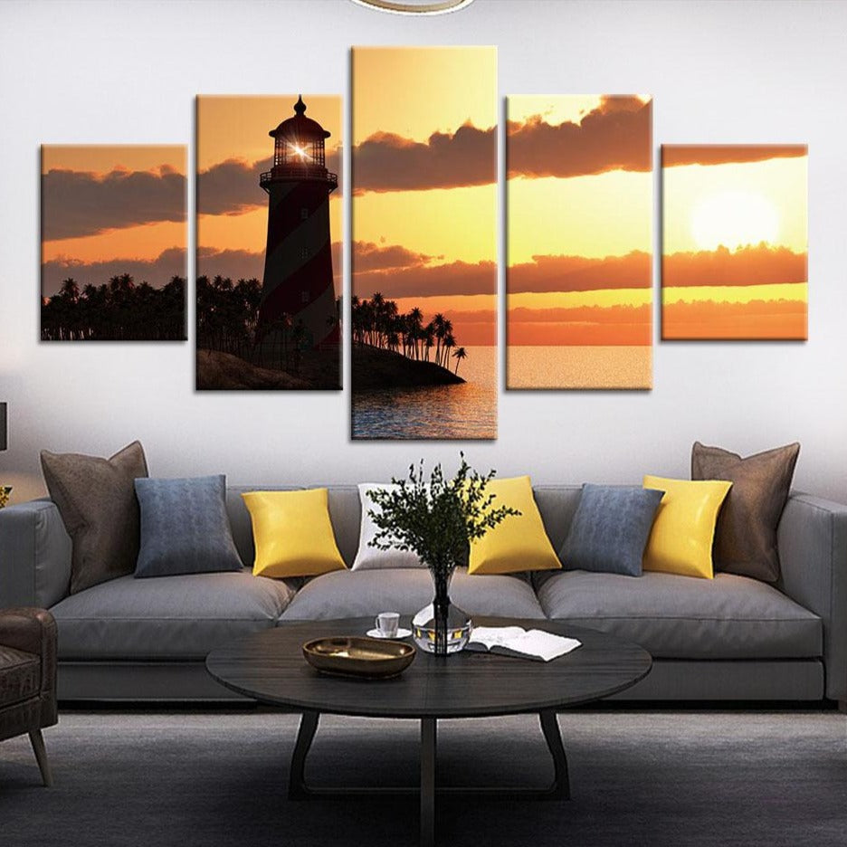 5-Piece Tropical Lighthouse Sunset Canvas Wall Art