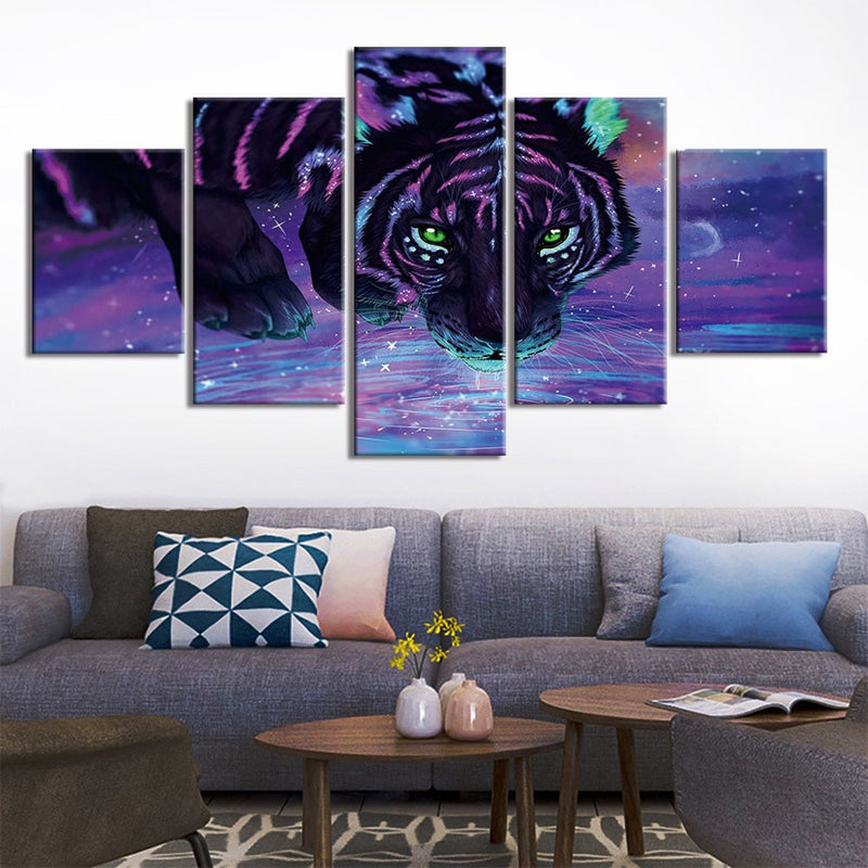 5-Piece Mystical Glowing Purple Tiger Canvas Wall Art
