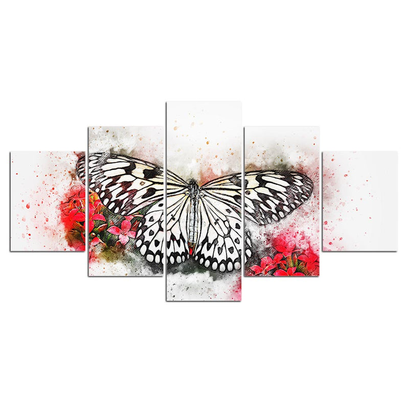 5-Piece Black, White & Red Floral Butterfly Canvas Wall Art