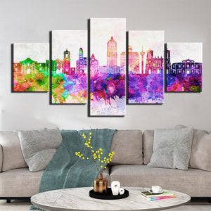 5-Piece Colorful Watercolor City Skyline Canvas Wall Art