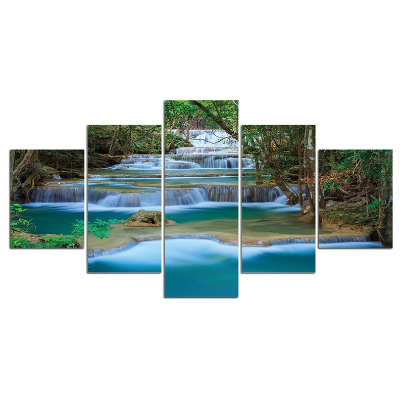 5-Piece Stepped Forest Waterfall Canvas Wall Art