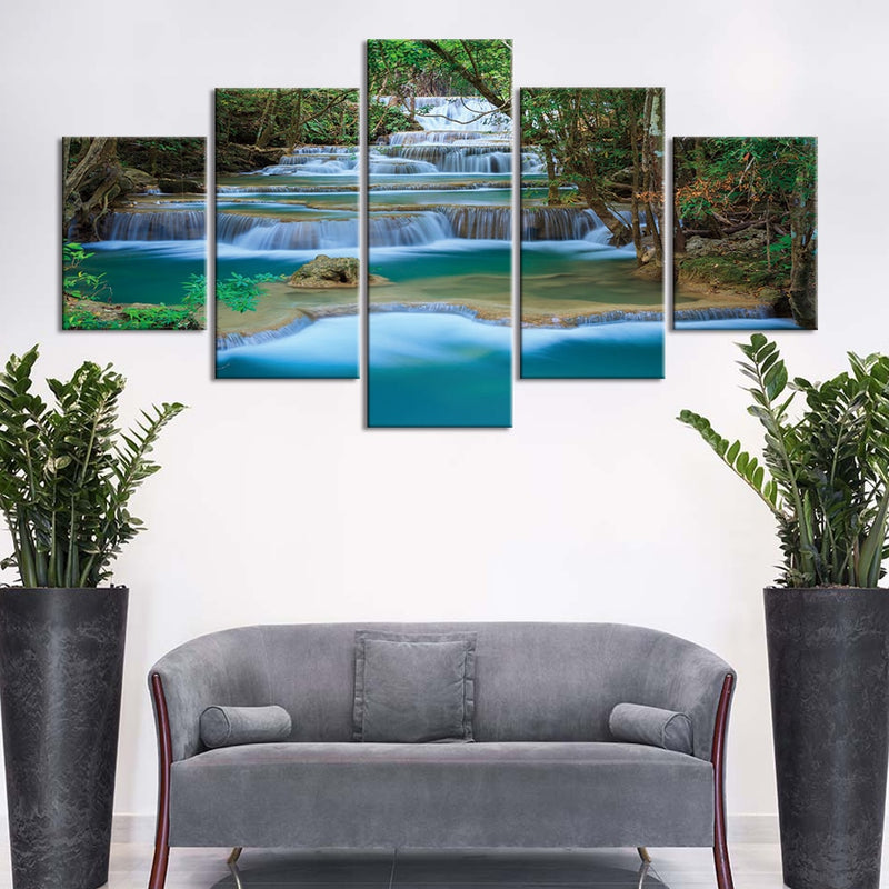 5-Piece Stepped Forest Waterfall Canvas Wall Art