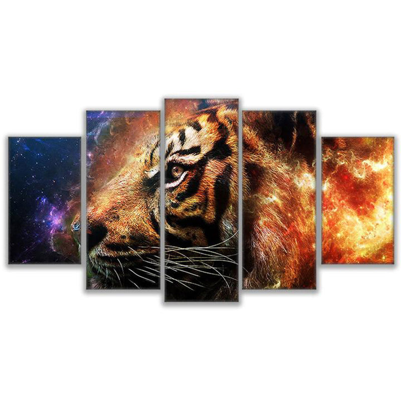 5-Piece Fiery Cosmic Space Tiger Canvas Wall Art