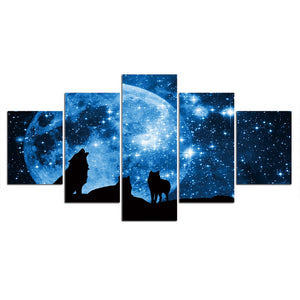 5-Piece Starry Night Wolf Moon Sky Canvas Wall Art