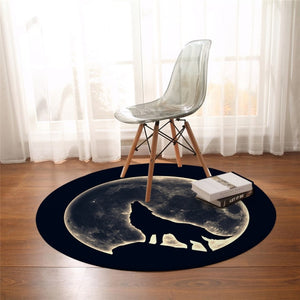 Round Black & White Wolf Print Floor Mat Rug