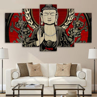 5-Piece Black / Red Asian Buddha Print Canvas Wall Art