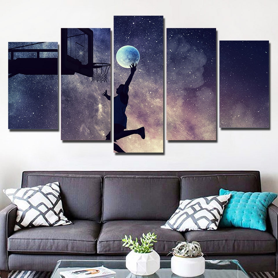 5-Piece Basketball Galaxy Moon Dunk Canvas Wall Art
