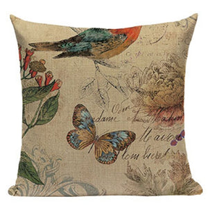 18" Vintage Floral Bird Print Throw Pillow Cover