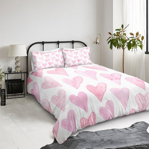 White 2/3-Piece Painted Pink Heart Pattern Duvet Cover Set