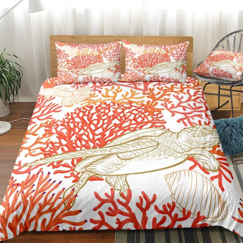 White 2/3-Piece Red Coral Sea Turtle Duvet Cover Set