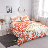 White 2/3-Piece Red Coral Sea Turtle Duvet Cover Set