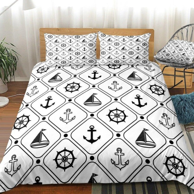 2/3-Piece Black & White Nautical Symbols Duvet Cover Set