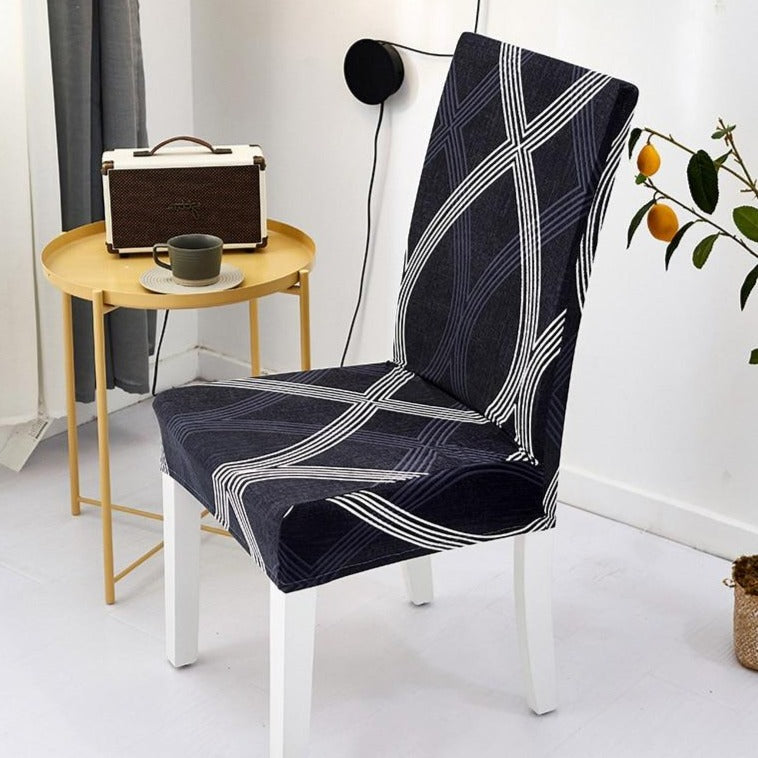 Dark Navy Abstract Curved Stripe Dining Chair Cover