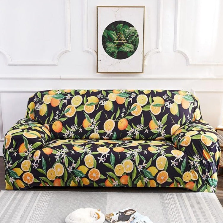 Black / Yellow Citrus Fruit Pattern Sofa Couch Cover