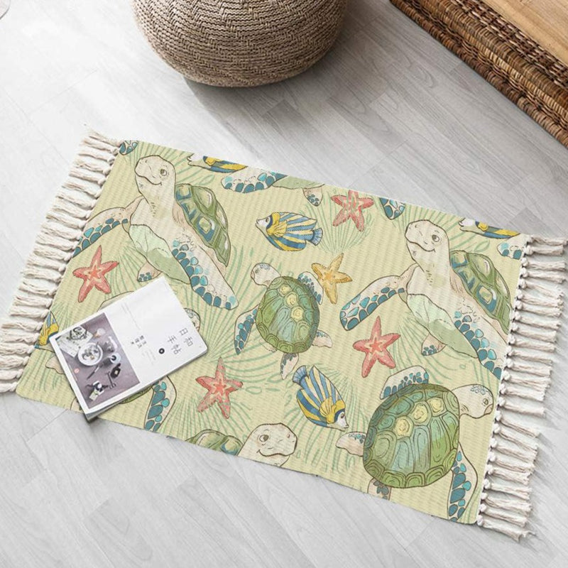 Woven Nautical Sea Turtle Pattern Accent Throw Rug