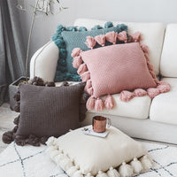 18" Solid Knitted Cotton Throw Pillow Cover w/ Tassels