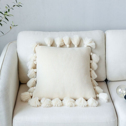 18" Solid Knitted Cotton Throw Pillow Cover w/ Tassels