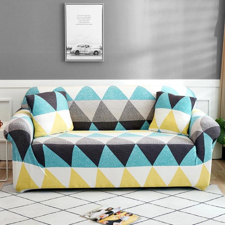 Teal / Yellow Geometric Triangle Pattern Sofa Couch Cover