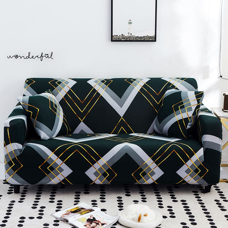 Dark Green Gold Geometric Pattern Sofa Couch Cover