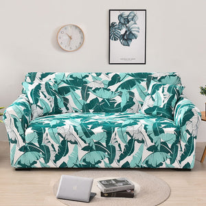 Green / White Tropical Leaf Pattern Sofa Couch Cover