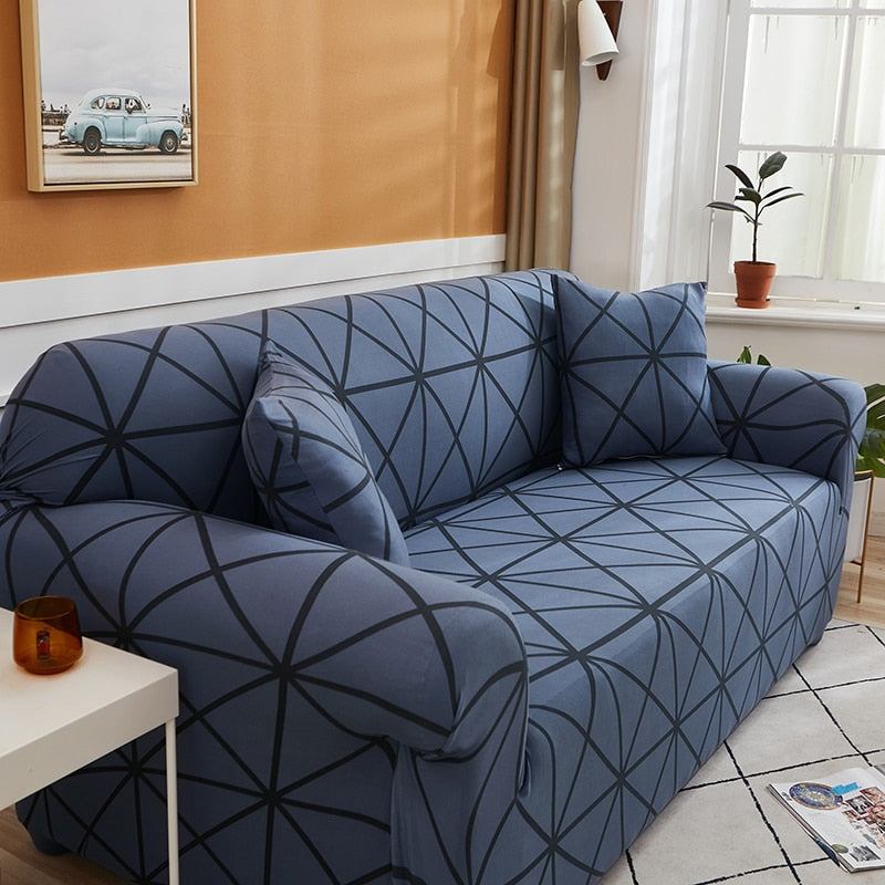 Blue / Black Geometric Lattice Pattern Sofa Couch Cover