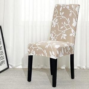 Beige / White Floral Branch Pattern Dining Chair Cover