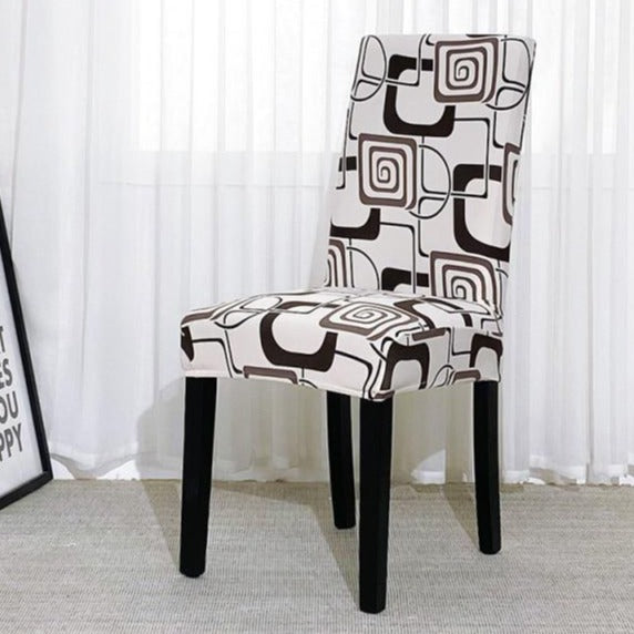White / Brown Geometric Square Pattern Dining Chair Cover
